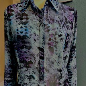Women's Blouse Sz L. Blue/Purple/Black Snake-like print. Button down. 100% Rayon